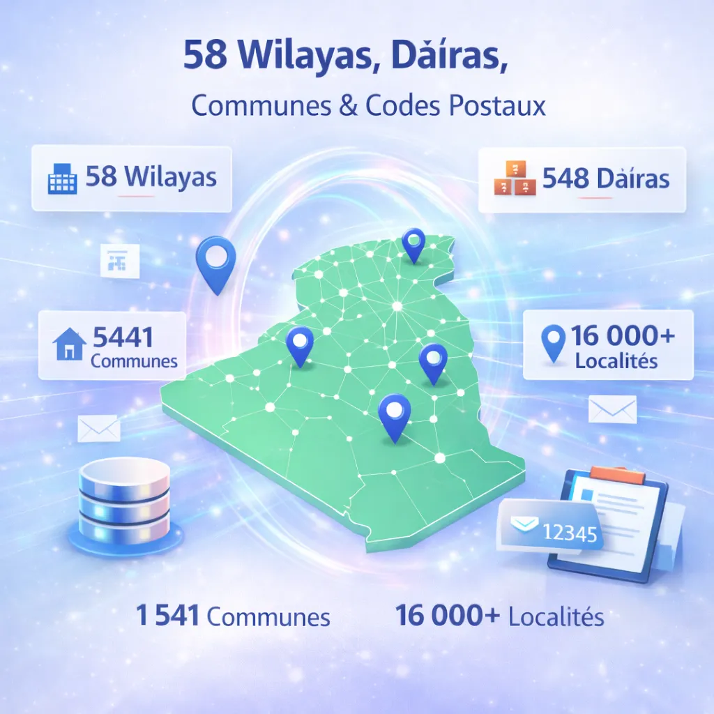 58 Wilayas, Daïras, Communes, Localités Et Codes Postaux – Algérie (19.0, Communautaire)